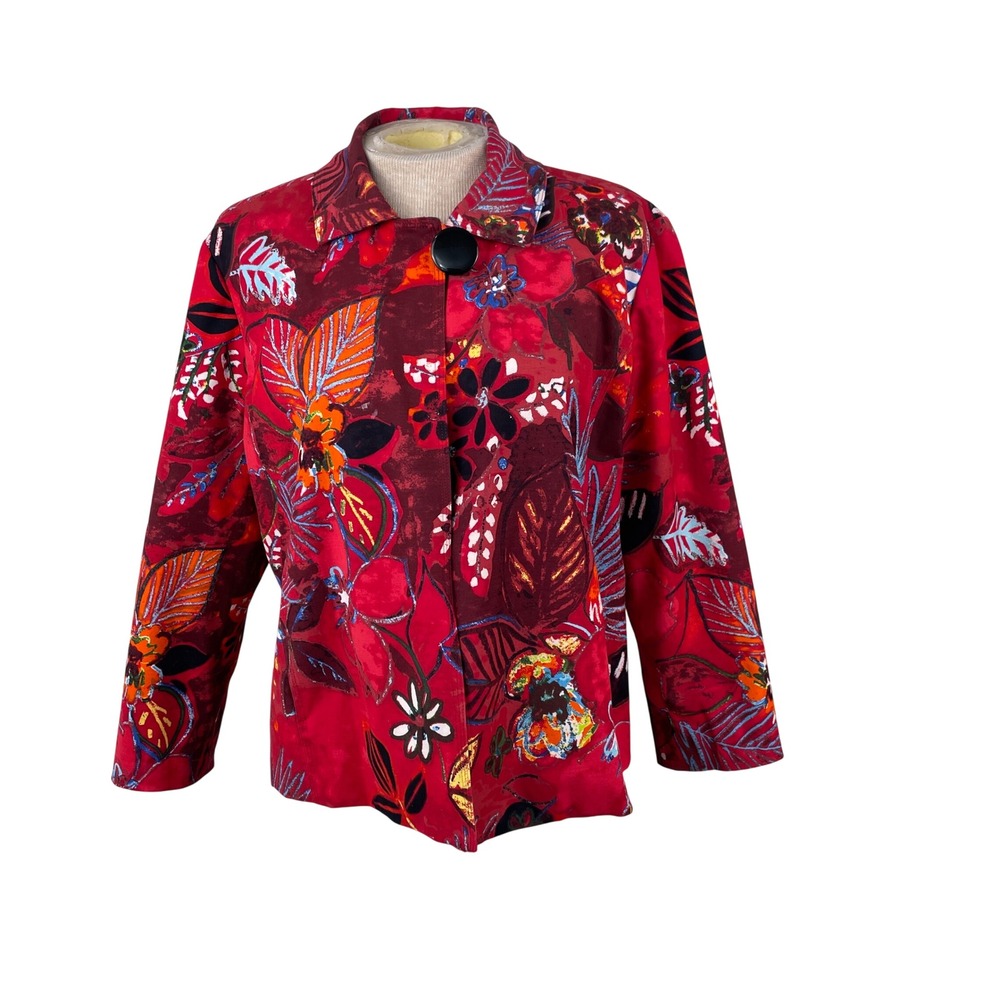 Chicos Red Floral Botanical Button Front Jacket Art to Wear Size 1 Medium